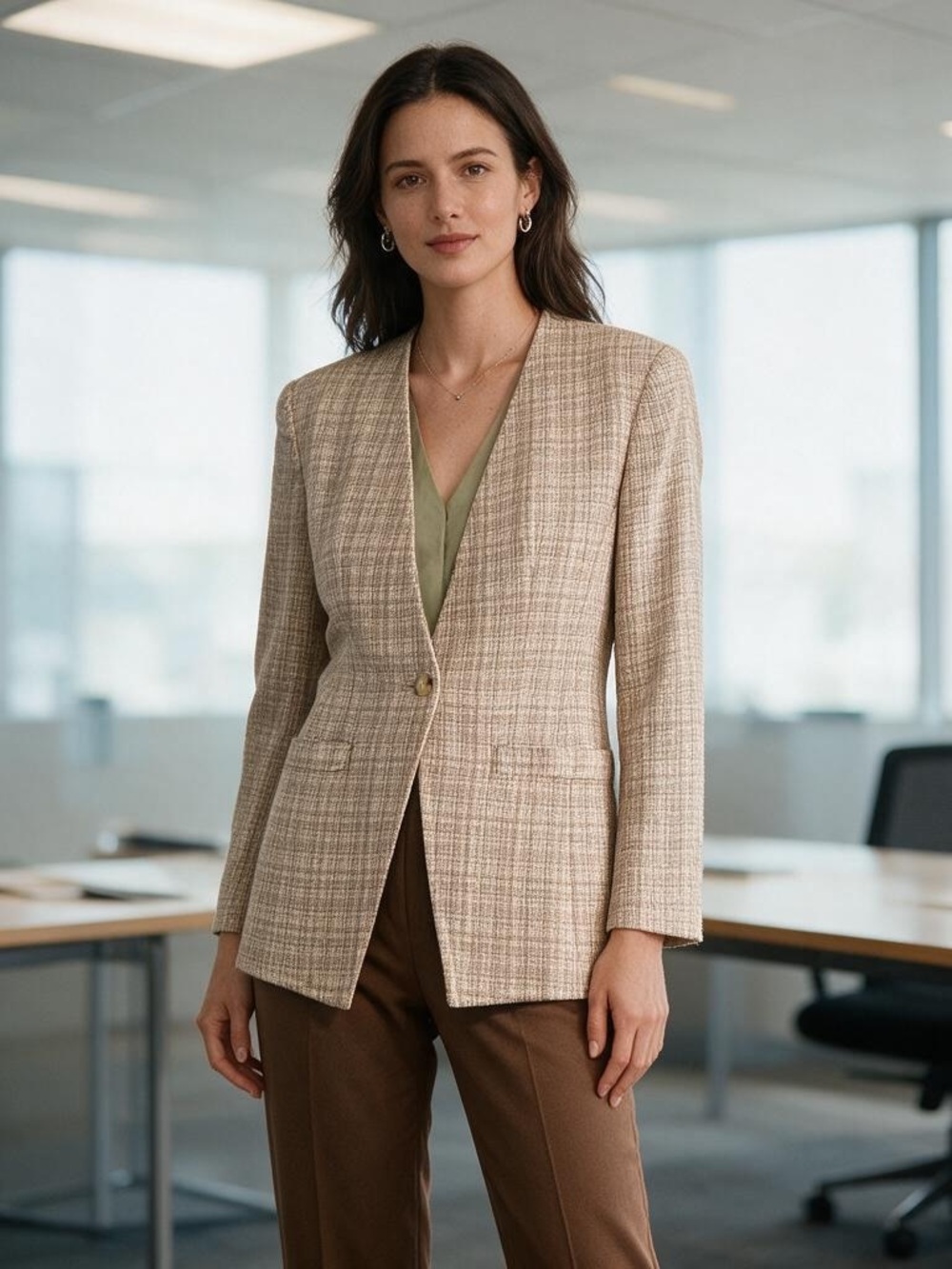 Liz Claiborne Beige Plaid Single-Button Blazer